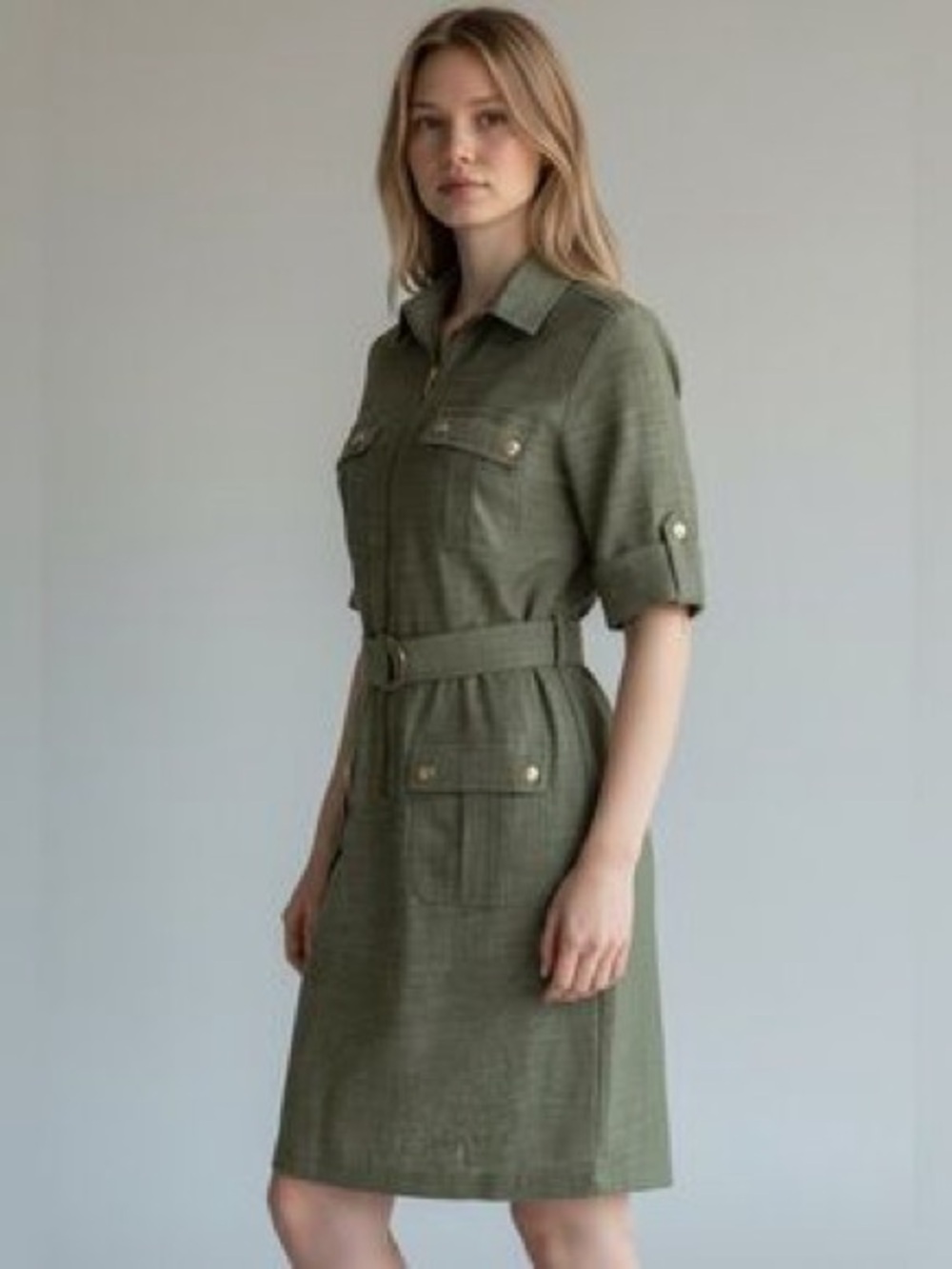 Sharagano Olive Utility Midi Shirt Dress with Belt
